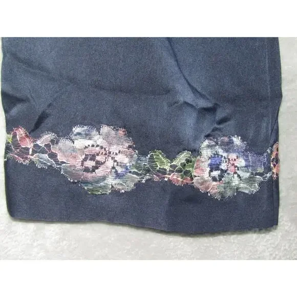 Natori Navy Floral Embroidered Kimono Robe Women's Medium Belted Satin Loungewea - Picture 3 of 9